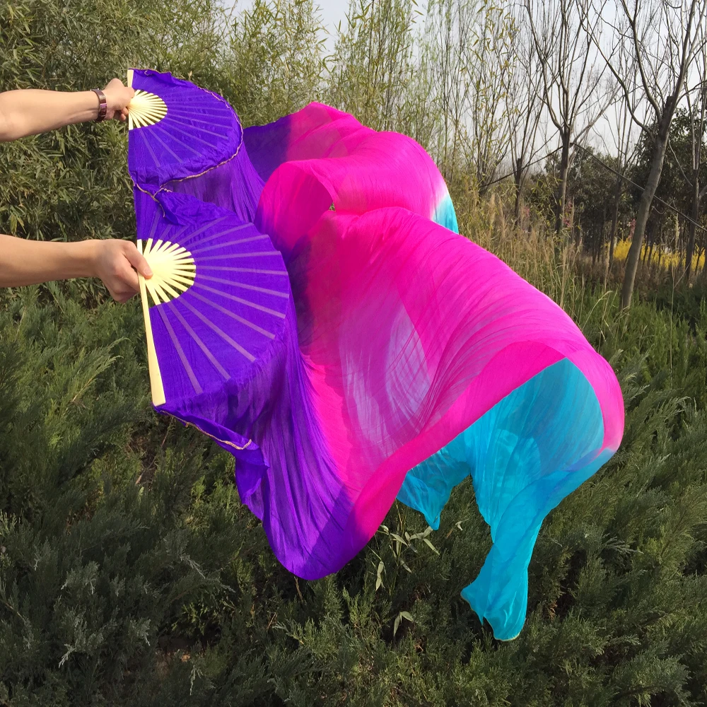 New Arrival 1pc Left+1pc Right 100% pure silk belly dance Fans Veils sexy dancing 100% real silk Fan Veils 1pair 1.8m = 6ft