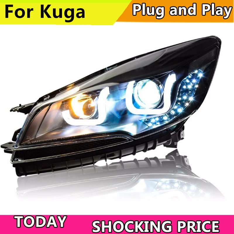 doxa Car Styling For Ford kuga Escape headlights 2013-2016 For Ford Escape LED Headlight bi xenon lens Lowbeam Headlamp Double U