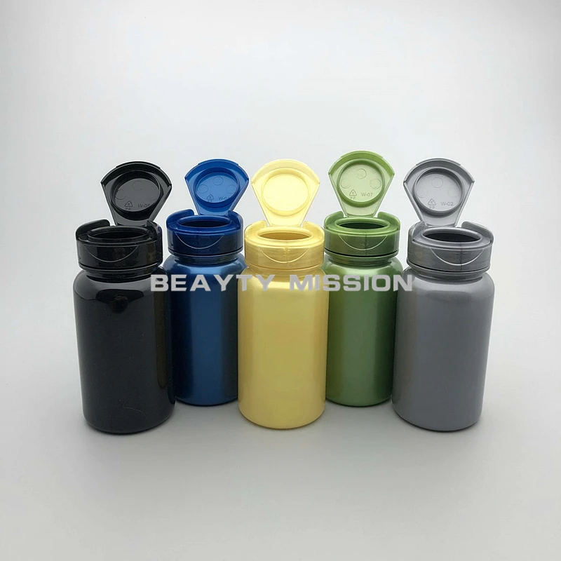 BEAUTY MISSION 120cc 40Pcs Medical PET Empty Bottle, Gray/Green/Yellow/Blue/Black Pull Lid Bottle, 120ml Capsule Flip Cap Bottle