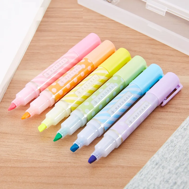 6 pcs Natural color highlighters for school Fluorescent marker Liner pen Stationery Office accessories School supplies A6447