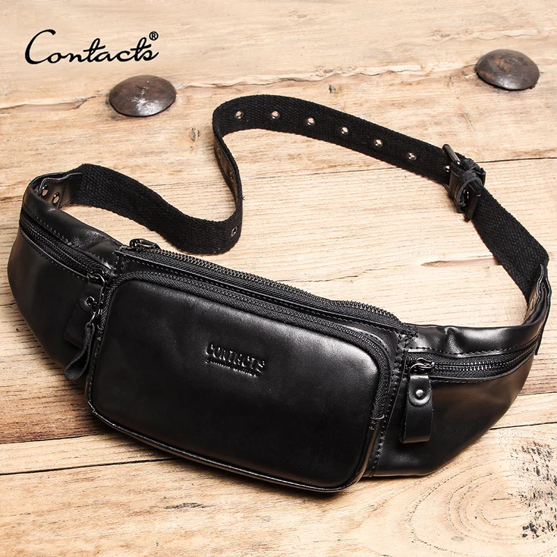 CONTACT\'S Genuine Leather Men Waist Bag Belt Fanny Pack Casual Cell Phone Bag For Men Travel Crossbody Bags Male Fanny Bags