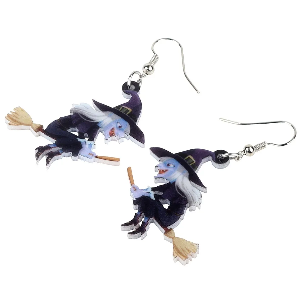 WEVENI Acrylic Animal Halloween Broomstick Witch Earrings Drop Dangle Fashion Cartoon Jewelry For Women Girls Teens Gift Charms