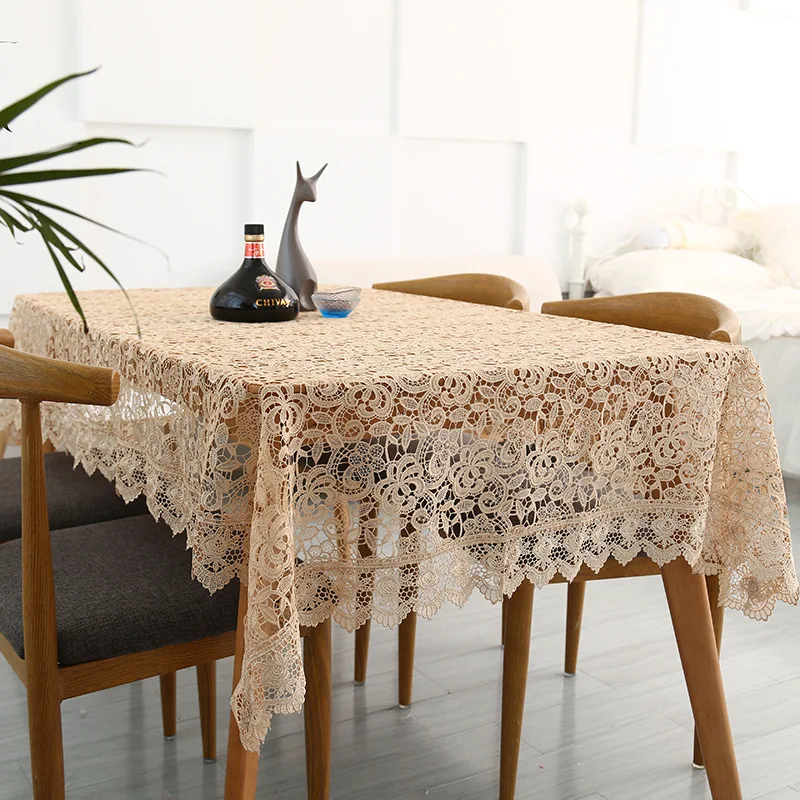 Full Hollow Embroidered Tablecloth Water Soluble Lace Hem European Style Cover Washable Table Cloth for Tea Table