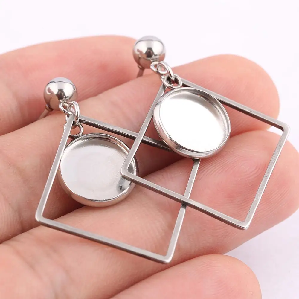 reidgaller 10pcs Stainless steel stud square earring base blanks Fitting 10mm round cabochon bezel settings diy accessories