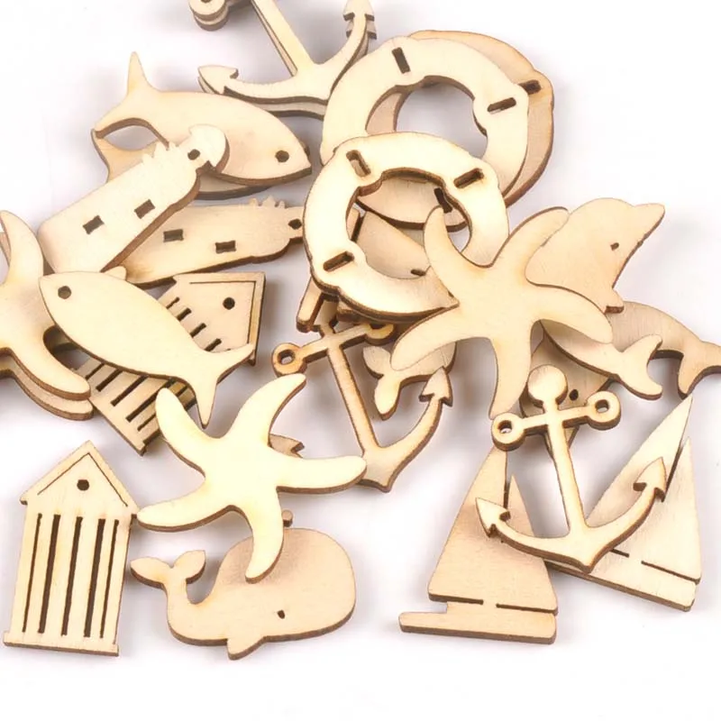 27-31mm Mixed Wooden Ornament Dolphin/starfish/whale/anchor/sailboat Pattern Wood For Scrapbook DIY Carft Home Decor 20pcs m2153