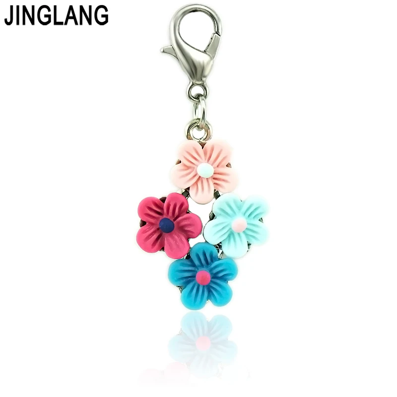 

JINGLANG Brand New Charms With Lobster Clasp Dangle Four Resin Flower Pendants DIY Charms For Jewelry Making Accessories