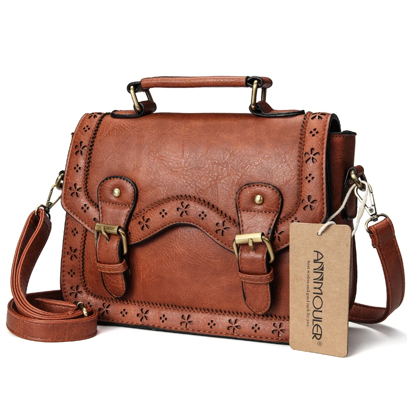 Annmouler Brand Women Satchel Bag Vintage Shoulder Purse Brown Hollow Out Crossbody Messenger Bag Small Briefcase for Ladies