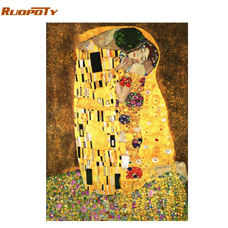 

RUOPOTY рамка Поцелуи DIY картина по номерам Рисунок Картина для дома Настенная картина акриловая ручная роспись маслом домашний декор