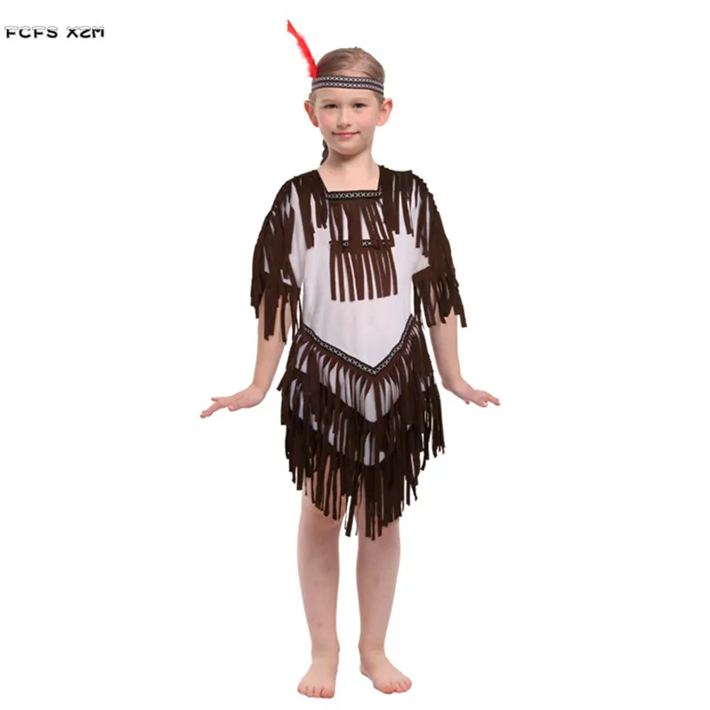 Girls Halloween Pocahontas Princess Costumes Children Primitive Indian Traditional Cosplay Carnival Purim Stage Play Party Dress