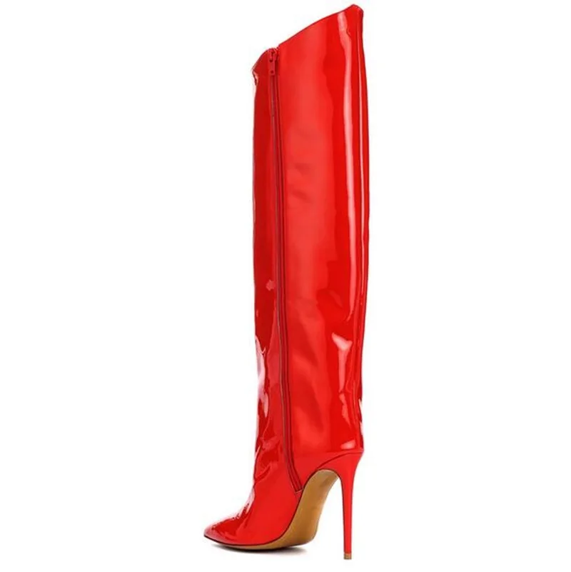 Red Knee High Boots 2018 New Women Mirror Leather Boots Pointed Toe Shoes Tide Solid Color Oblique Side Zipper Fashion Boots