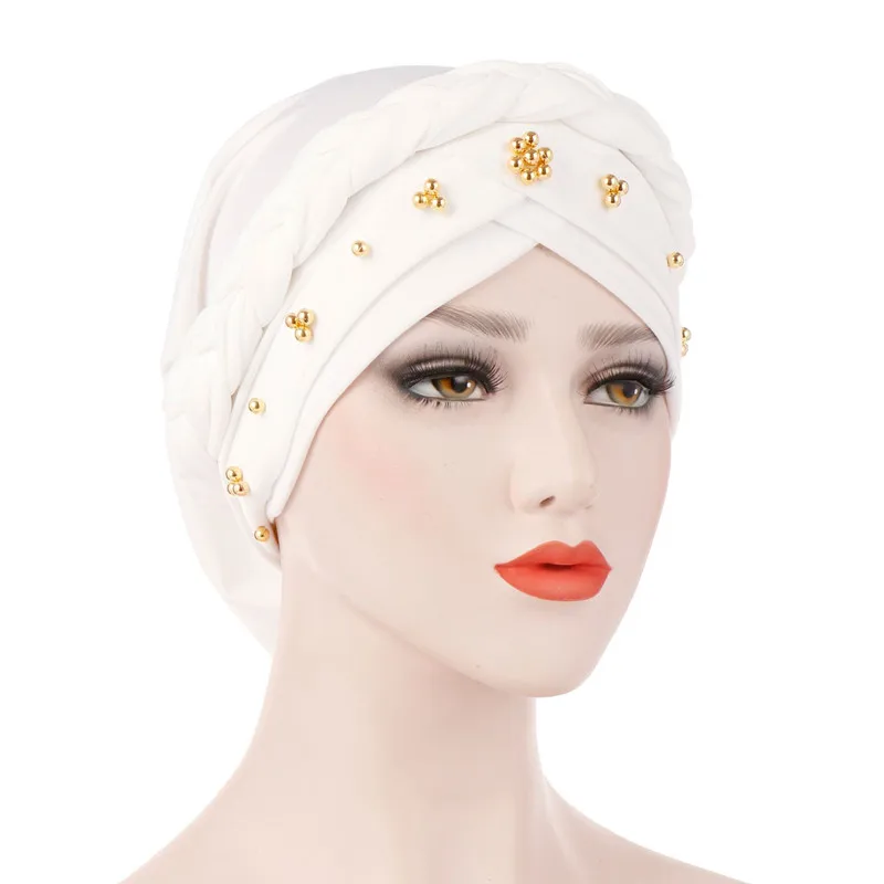 Muslim Women Stretch Braid Cross Whip Bead Cross Silk Turban Hat Scarf Beanie Caps Hijab Headwear Head Wrap Hair Accesories