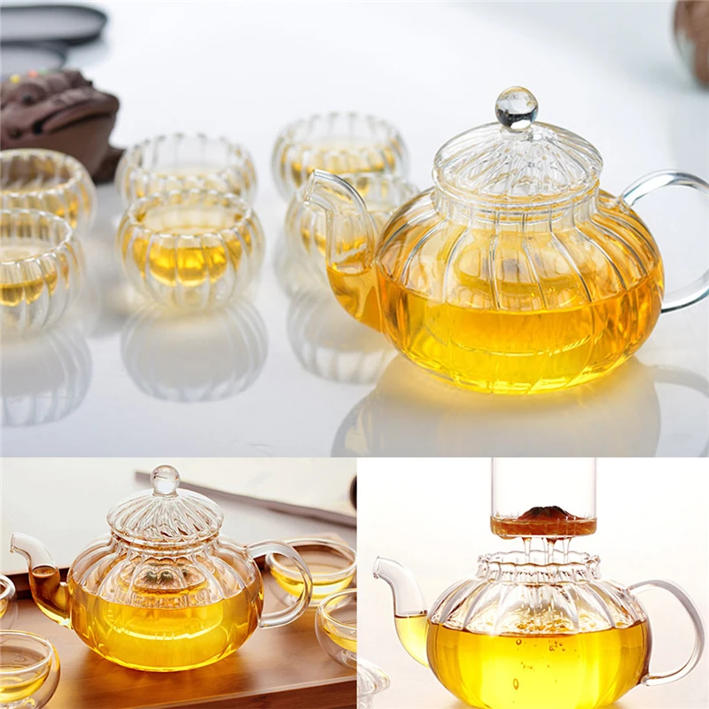 Arshen Pumpkin Shape Teaware Set Heat-Resistant Glass 600ML Teapot Set Infuser Teapot with Warmer and 6 Pcs Double Wall Tea Cups