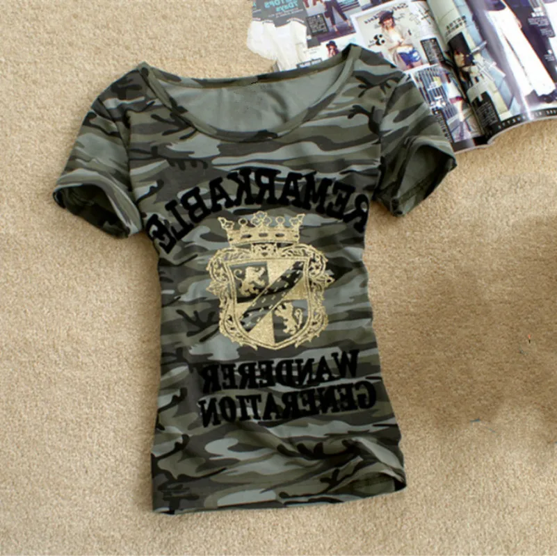 

Футболка женская стрейчевая с принтом короны, хлопковая армейская камуфляжная рубашка в стиле милитари, с коротким рукавом, размеры 4xl, 5Xl, на лето