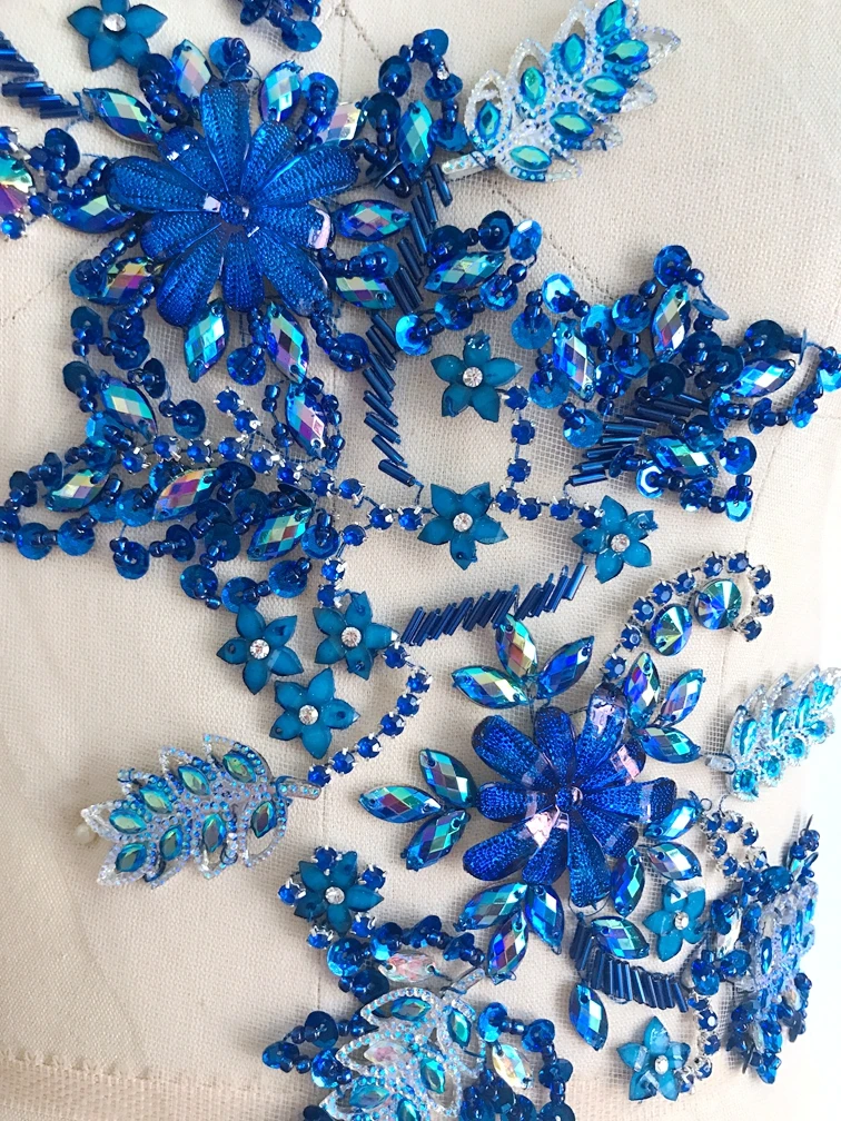 50*30cm handmade  crystal patches sew on blue rhinestones applique on mesh for  dress  accessories