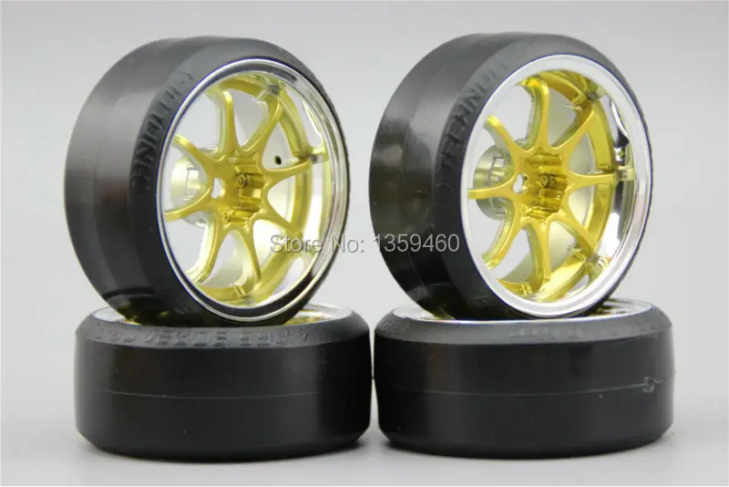 Pre-Glued 4pcs RC CS-R Drift Tires Tyre Wheel W8S1CG 6mm offset (Chrome+Painting Gold) With Silencing Sponge For 1/10 drift