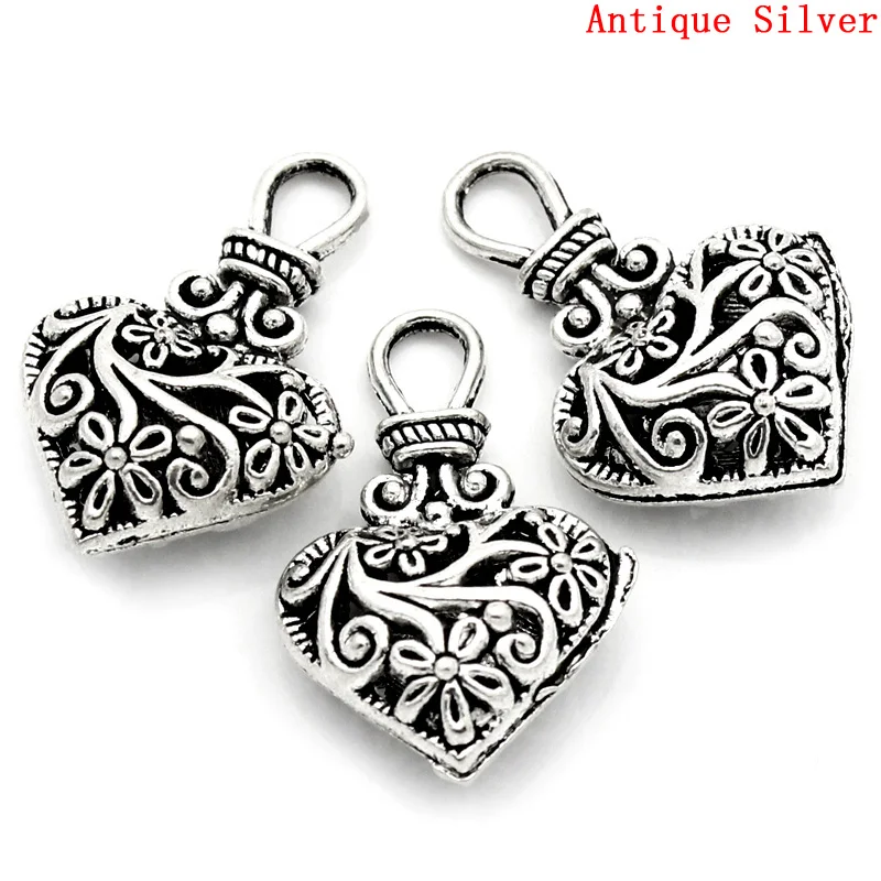 Doreen Box Lovely Charm Pendants Heart Silver Color Hollow Flower Carved 31x19mm,10PCs (B23064)