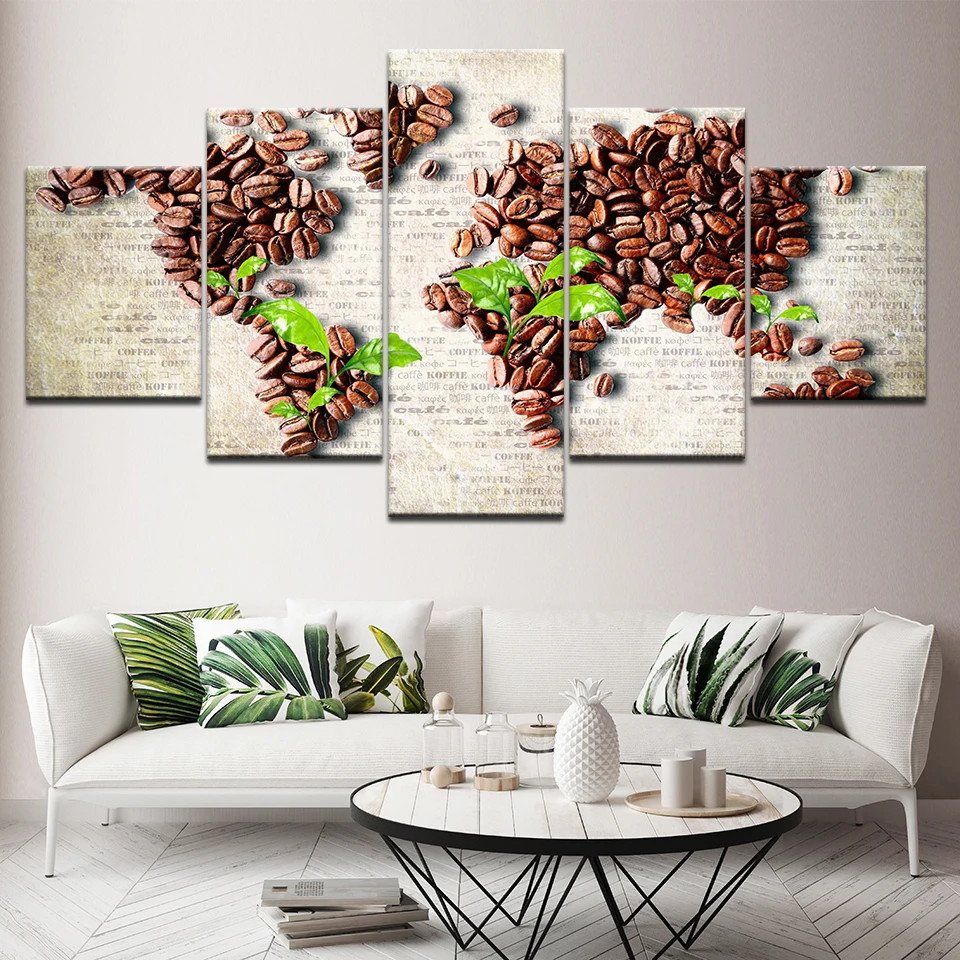 Canvas Painting The coffee bean green leaves 5 Pieces Wall Art Painting Modular Wallpapers Poster Print living room Home Decor