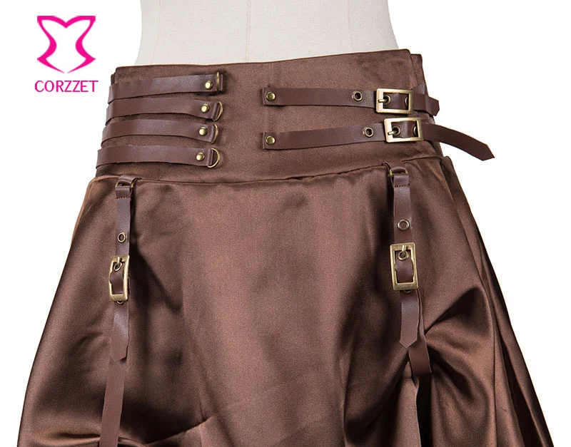 Cổ điển Steampunk Váy Nâu 2 Lớp Satin với Buckle PU Dây Đeo Saias Midi Váy Gothic Corset Váy Womens Faldas Mujer