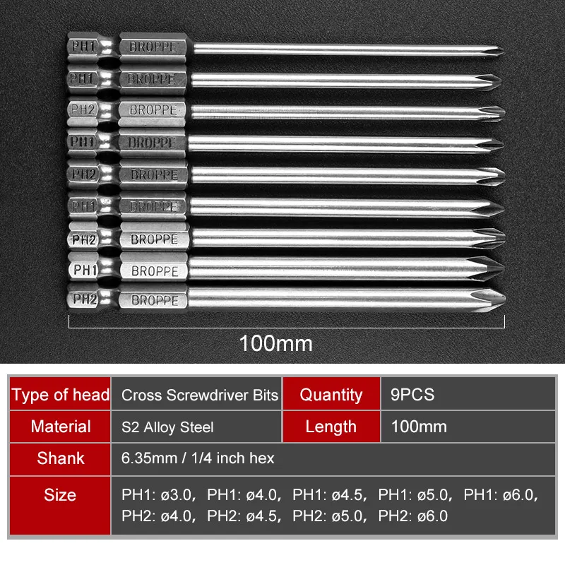 9pcs S2 Alloy Steel 100mm Long Magnetic Hex Screwdriver Bit Set Magnetic Philips Screwdriver Set 1/4 Inch 6.35mm Shank