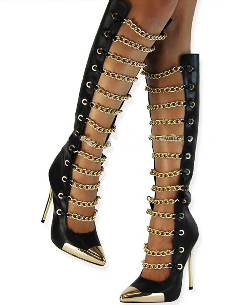 Hot Jual Wanita Mode Pointed Toe Knee High Boots Rantai Logam Emas Desain Stiletto Tumit Sepatu Gladiator Tinggi Heel Boots