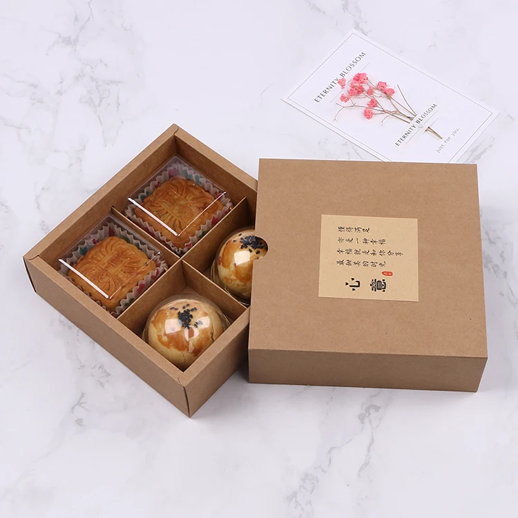 14.6*14.6*5cm 4 Hold Brown Cake Paper Box Blank Kraft Paper Chocolate Candy Cookies Gift Box 100pcs/lot Free shipping