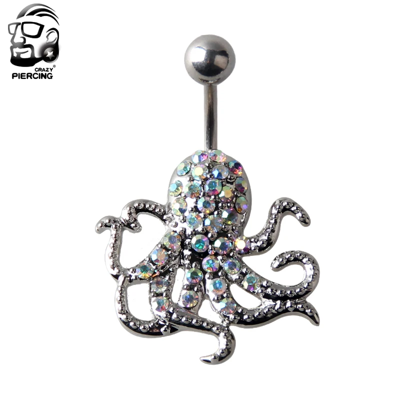 Octopus Dangled Belly Button Rings 14G Stainless Steel Crystals Navel Piercing Ombligo for Women Body Jewelry Steel Belly Ring