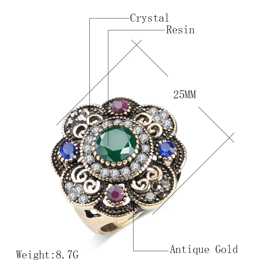 Turkish Antique Gold Crystal Flower Rings For Women Black Stone Silver Color Gothic Ring Vintage Accessories Bohemian Jewelry