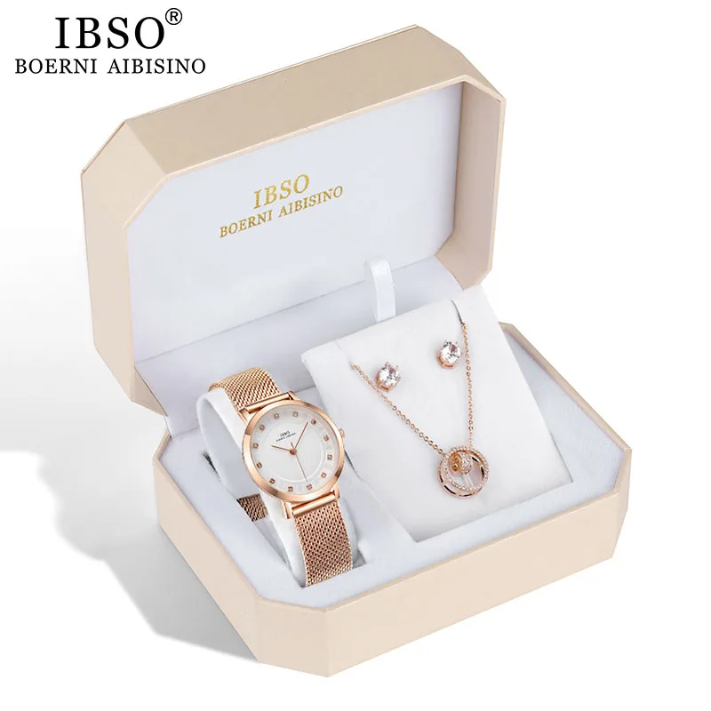 IBSO Brand Women Rose Gold Watch Earring Necklace Set Female Jewelry Set Fashion Creative Crystal Quartz Watch Lady's Gift