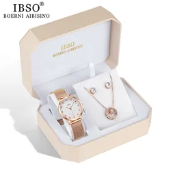 IBSO-Relógio de Ouro Rosa para Mulheres, Conjunto Brinco e Colar, Conjunto de Jóias Femininas, Moda, Relógio Quartzo de Cristal Criativo, Presente da Senhora, Marca
