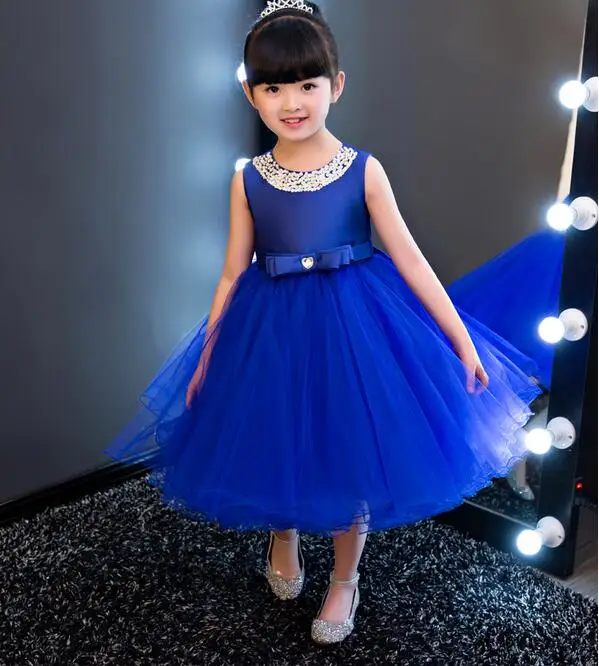 

vestidos Royal blue Kids Girls Party Wedding flower girl Dress Baby Girl Dress Bead Bow Prom Formal Dress First Communion Gown