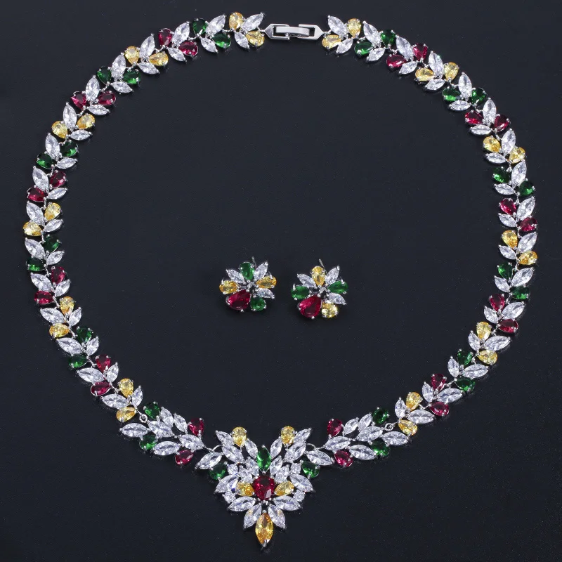 Pera Fashion Famous Brand Big Multicolor Cubic Zirconia Necklace and Earrings Jewelry Set for African Women Wedding Party J056