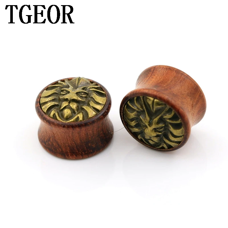 New Hot wholesale 70pcs gauges surface inlay bronze lion pattern original wood saddle ear plug free shipping