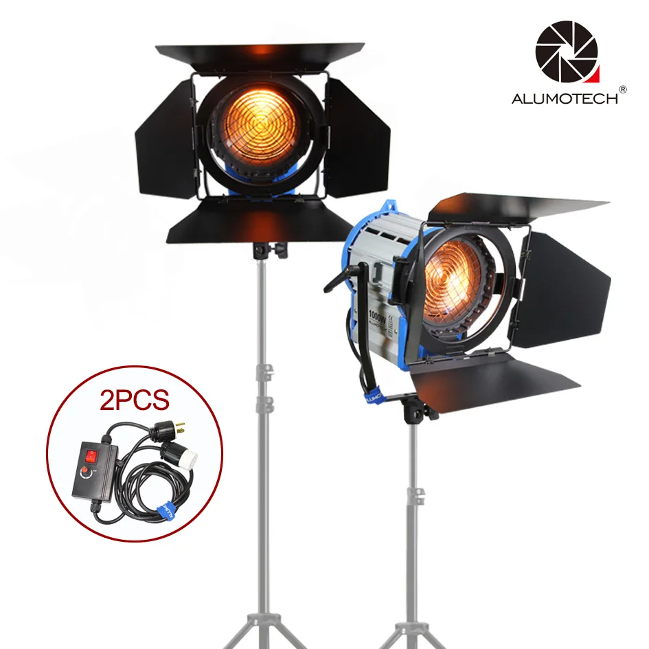 ALUMOTECH 1000W*2+Dimmer*2 Fresnel Tungsten Spotlight Lighting+Barndoor For Studio Video Camera Photography Lamp