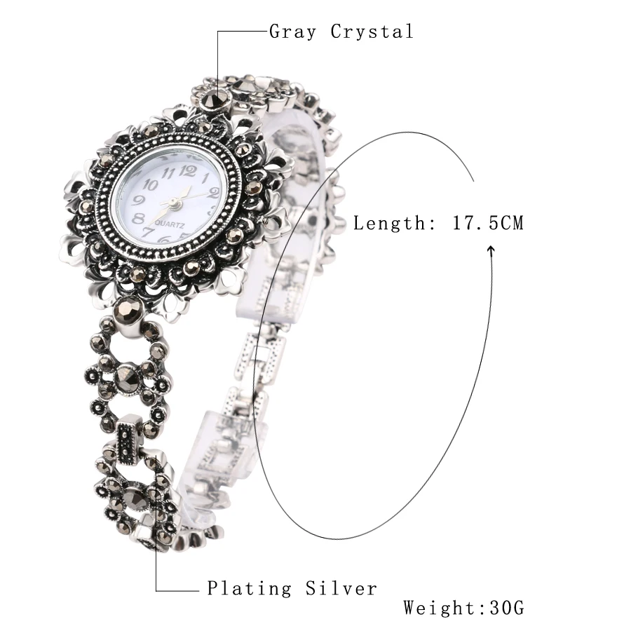 Wbmqda 2018 New Arrivals Vintage Silver Plated Hollow Floral Crystal Metal Watch Bracelets For Women Fashion Jewelry