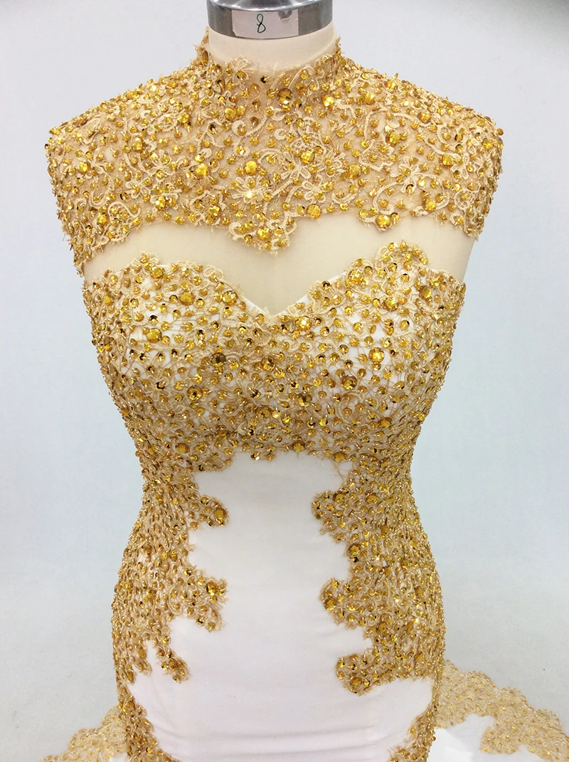 Elegant White Mermaid Evening Dresses Long 2019 High Neck Gold Embroidery Beaded Women Formal Prom Evening Gowns Abiti Da Sera image 4