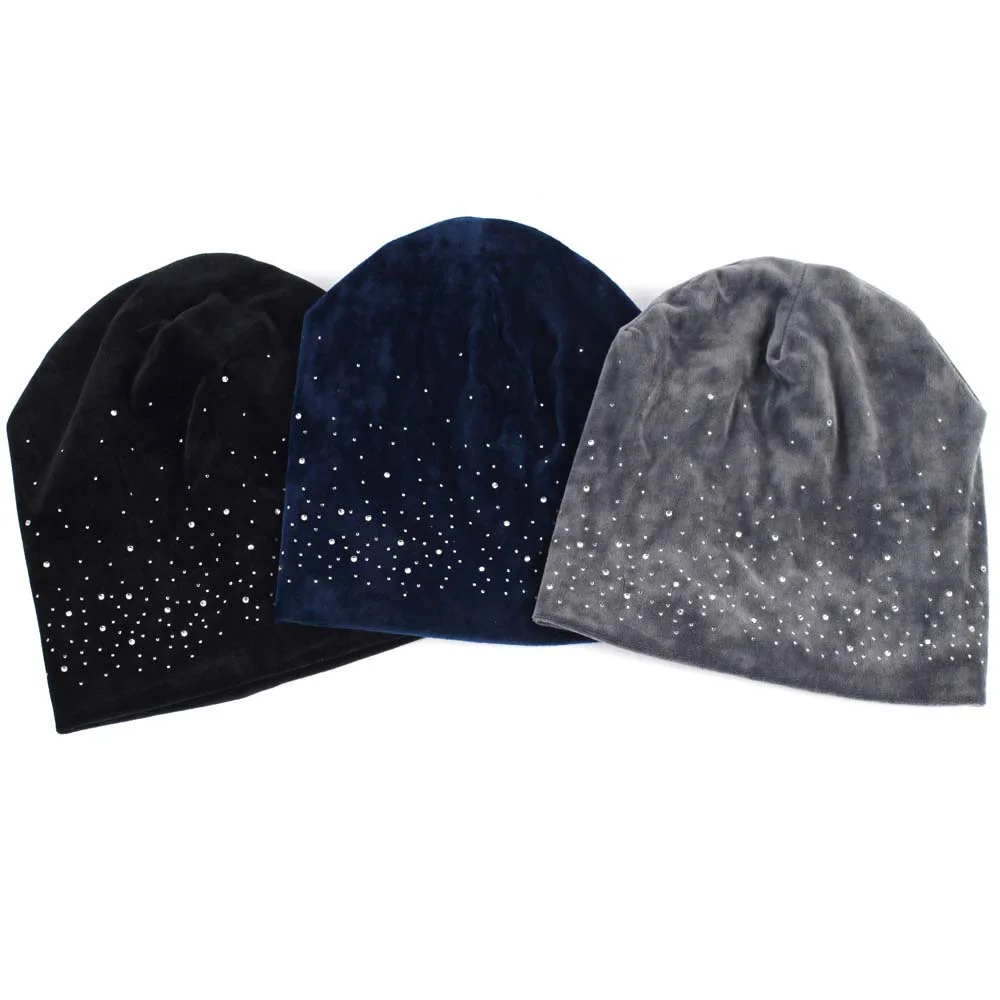 Winter Velour Slouchy Beanie Hat for Women Cashion Rhinestones Diamond Skullies&Beanies Female Balavaca Soft Warm Hats