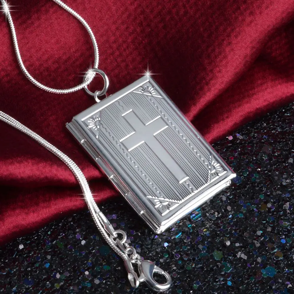 Cross Bible Photo frame Necklace Fashion Charms Square Memory Locket Can Open Pendants Necklaces Man Women Christian Gifts