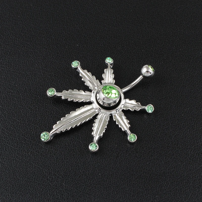 Maple leaf big style body jewelry women green stones belly button ring 14G Stainless Steel navel bar piercing fashion jewelry