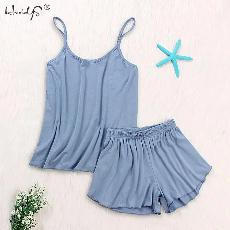 Women Sexy Lingerie Pajamas Summer Cotton Sleepwear Solid Spaghetti Strap Cami Tops Shorts Loose Pajamas Set Home Suit