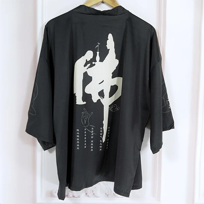 Jepang Musim Panas Vintage Wanita Hitam Kimono Harajuku Gothic Huruf Grafis Wanita Kemeja Cardigan Oversize Blus Pasangan Pakaian