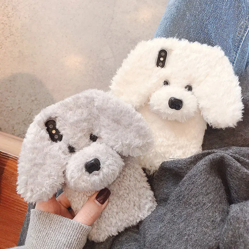 Cute Rabbit Hair Dog Cat Plush Phone Case for iPhone 14 13 12 11 Pro XS Max XS XR 8 7 Plus SE Rabbit Ears Fur Fluffy Soft Cover