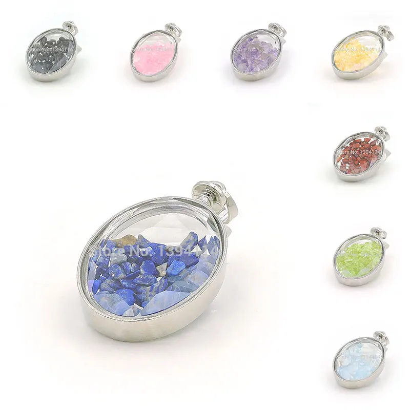 Mixed Stones Chips Oval Device Pendant With Gluing Double Glass Boards Approx 50*30*12mm