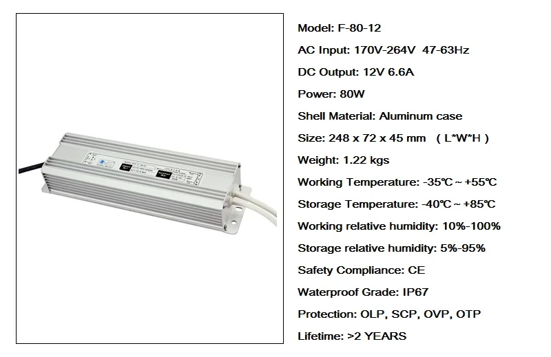 2pcs/lot 12V 6.6A 80W IP67 Waterproof Transformers AC220-240V To DC Switching Power Supply Driver for LED Strip 5050 3528