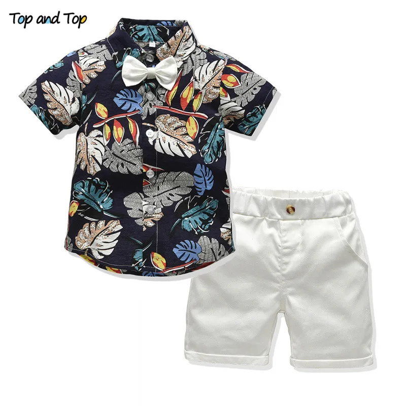 Top and Top Children Boy Summer Clothing Set Short Sleeve Printed Shirt+Shorts Gentleman 2Pcs Suit Kids Boys Clothes Sets