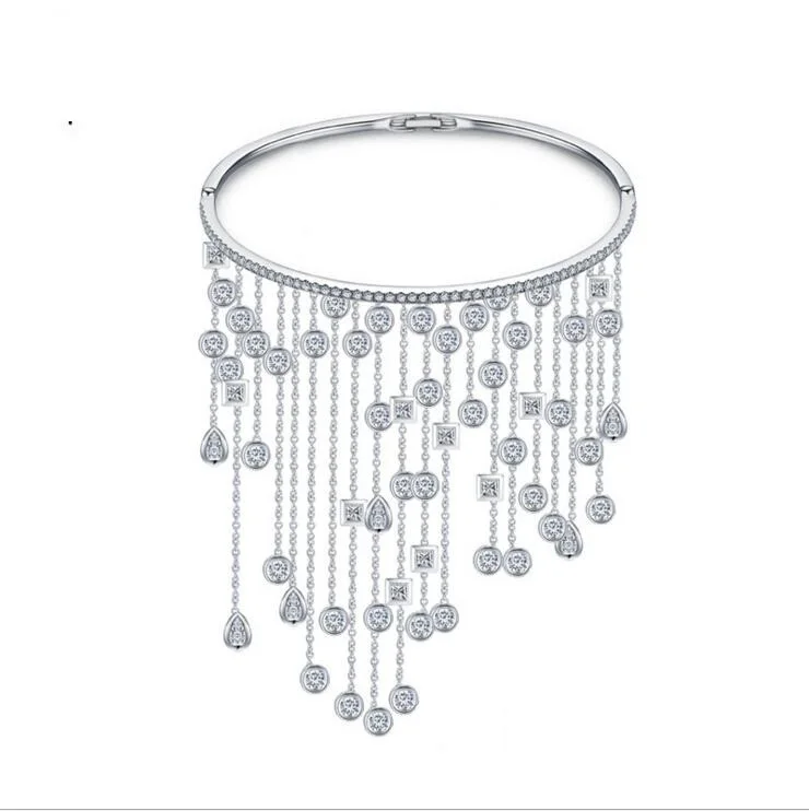 2018 new arrive bridal wedding enegagement gift long chain bezel sparking cz charm silver color luxury bangle bracelet