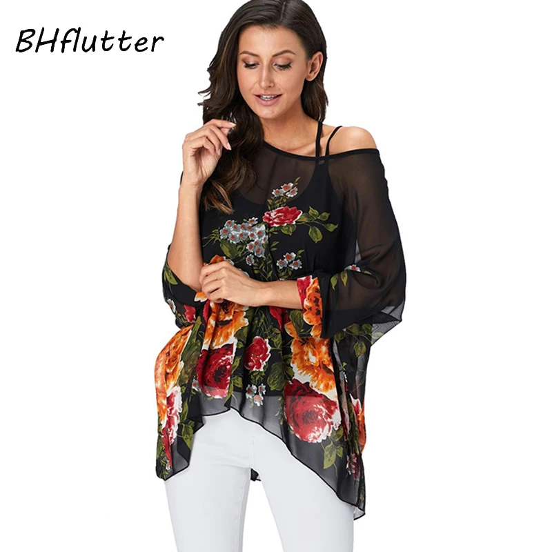 BHflutter 4XL 5XL 6XL Plus Size Blouse Shirt Women New Striped Print Summer Tops Tees Batwing Sleeve Casual Chiffon Blouses 2020