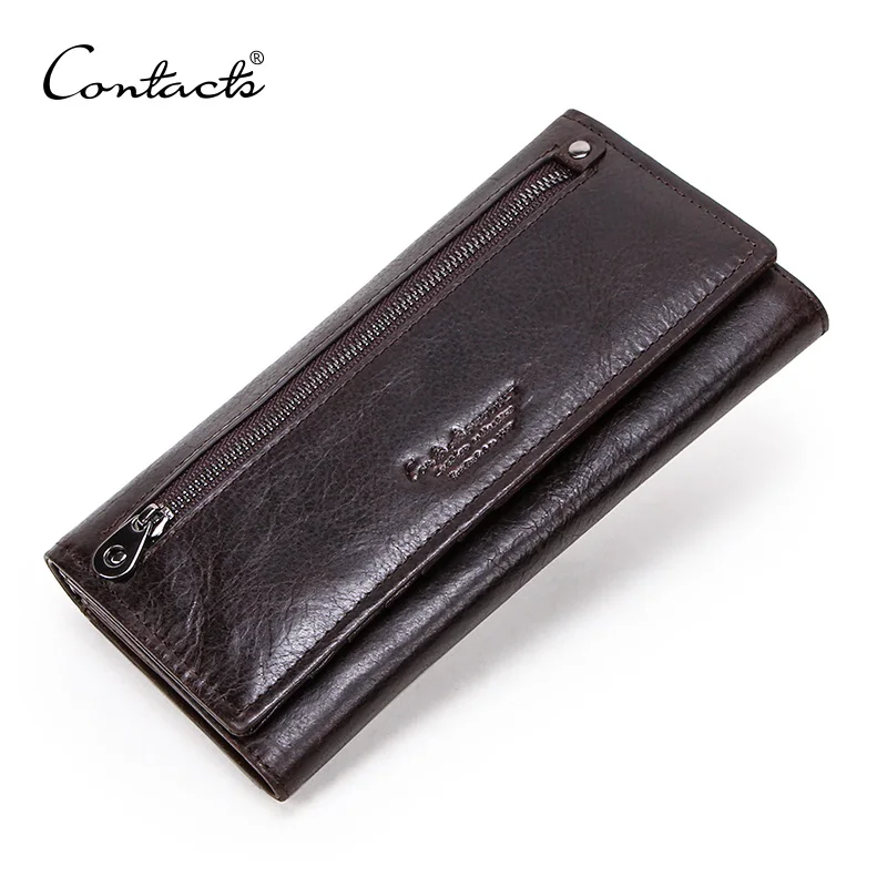 Portfele męskie CONTACT'S z prawdziwej skóry, długie, z kieszenią na monety na zamek błyskawiczny, duża pojemność, portfel męski typu clutch na iPhone'a, paszport, dla kobiet.