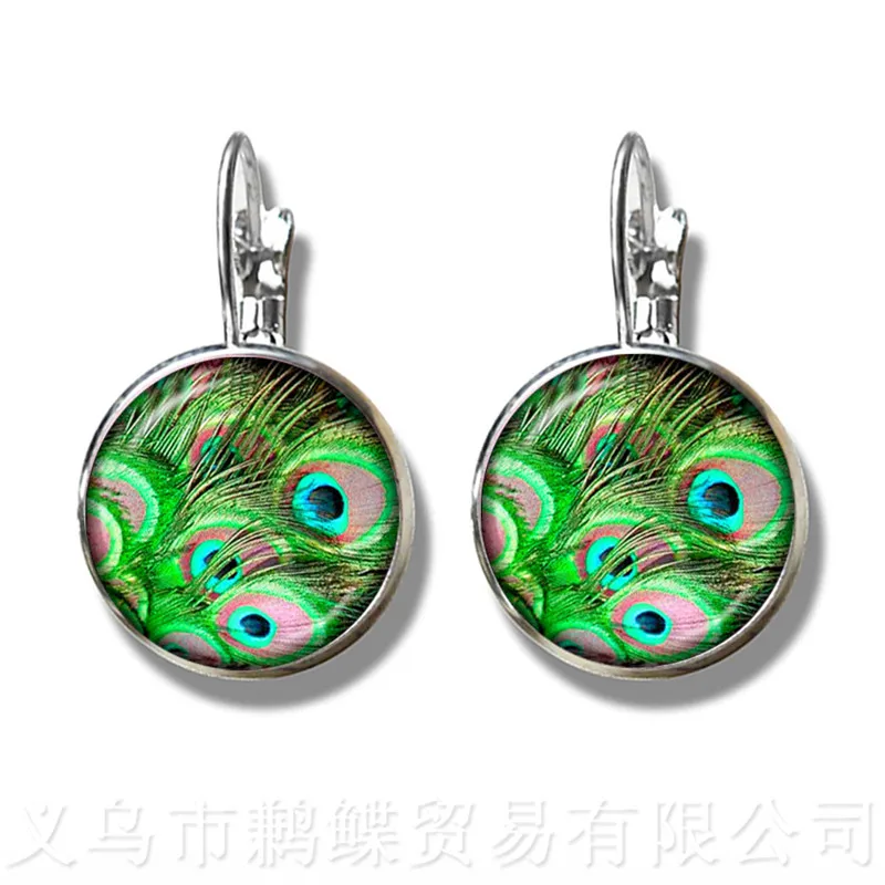 Peacock Pattern Glss Dome Earrings New Fashion Round Glass Peacock Feathers 16mm Glass Dome Stud Earrings For Women