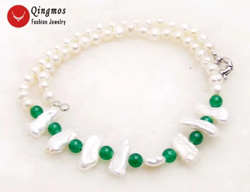 Qingmos Natural Pearl Necklace for Women with 6-7mm Round &12-15mm Biwa Pearl & 6mm Green Jades Necklace Jewelry 17'' Nec6128