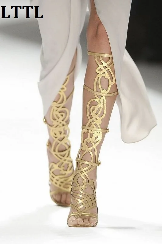 Rome Style Sandalias Mujer Gold Leather Cut-Outs Long Gladiator Sandals Buckle Strap Open Toe High Heels Women Shoes